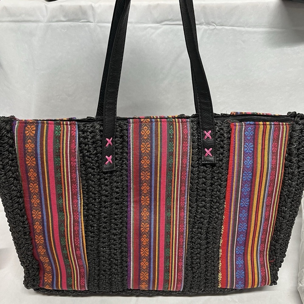 Sun N Sand Multicolor Woven Hand Bag Leather Straps Boho Beach Tote Clean - Picture 3 of 8